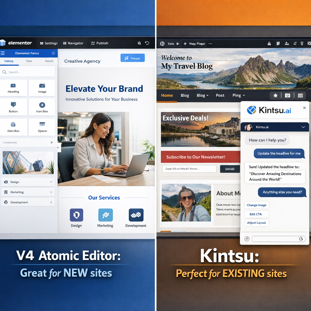 Elementor V4 Atomic Editor vs Kintsu.ai: Why a New Builder Still Can't Manage Your Existing Site