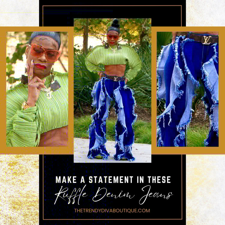 A woman in a green shirt and blue pants