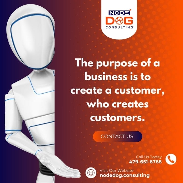 A robot holding a sign that says the purpose of a business is to create a