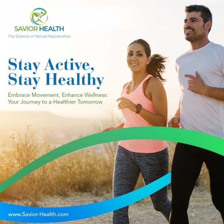 A man and a woman running together with the words stay active, stay healthy