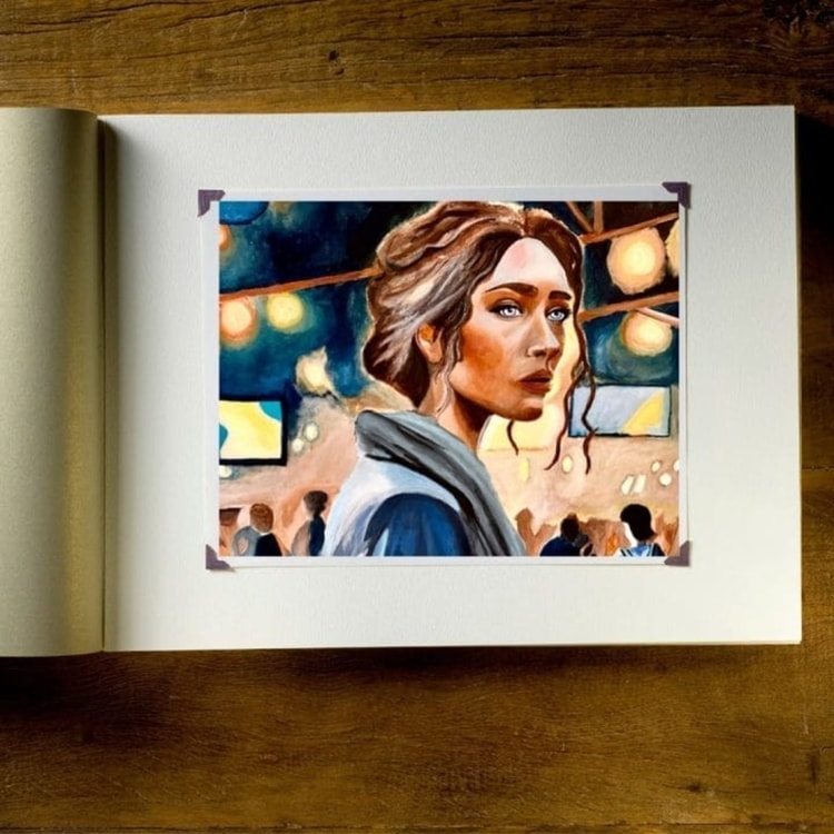 A painting of a woman is shown in a book