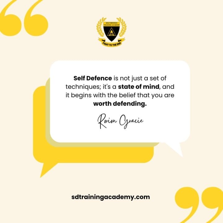 A speech bubble with a quote about self defence