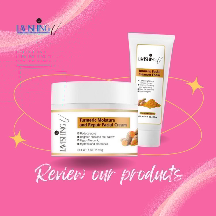 A pink background with the words, review our products