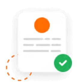 An icon featuring a document with an orange circle at the top, three gray lines representing text, and a green checkmark in the bottom-right corner, symbolizing completion or approval. A dotted orange line encircles part of the document, adding a dynamic element to the design