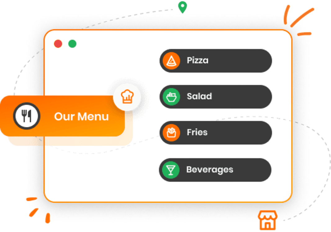 A restaurant menu displaying pizza, salad, Fries and Beverages.