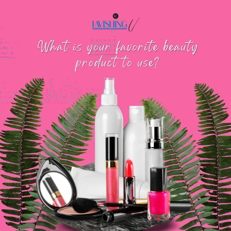 A pink background with palm leaves and cosmetics