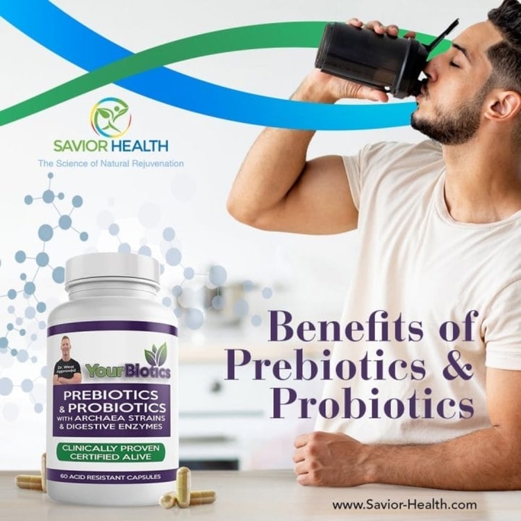 A man drinking out of a cup next to a bottle of probiotics