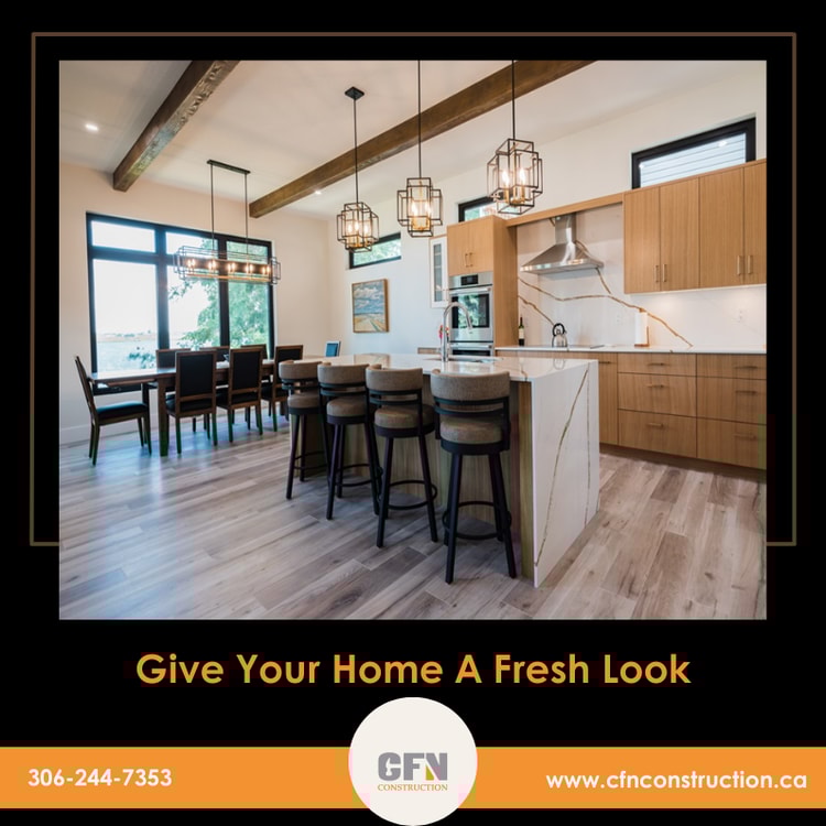 A picture of a kitchen and dining room with the words give your home a fresh