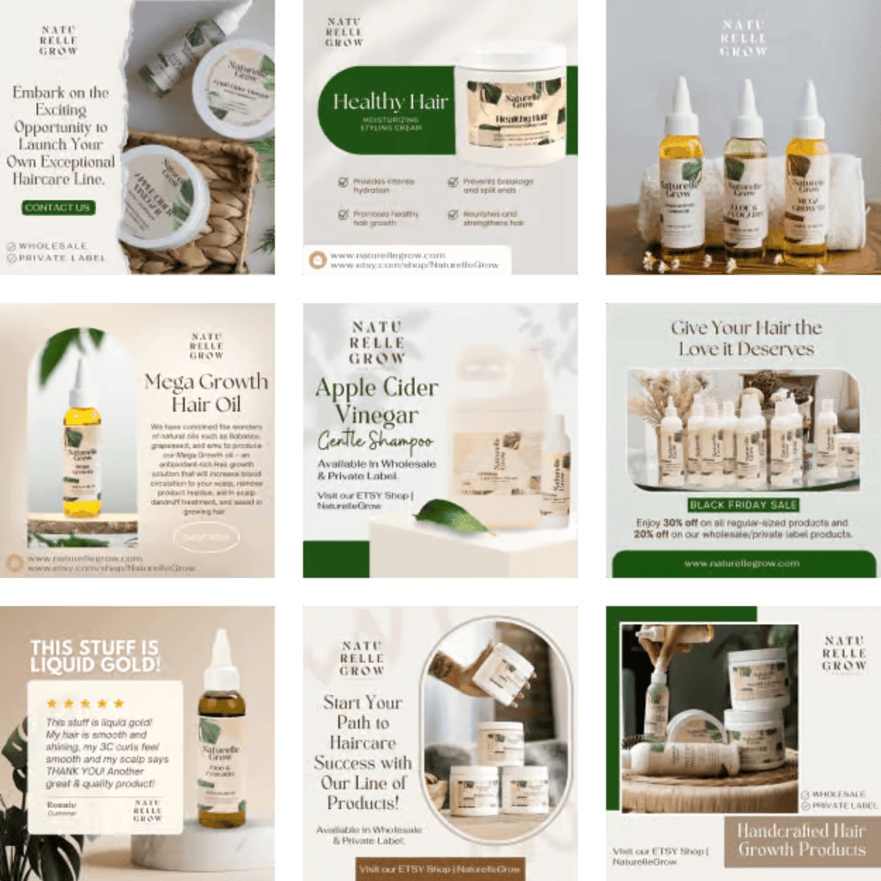 An ecommerce businesses instagram feed collage of 9 posts in a 3x3 layout