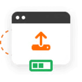 An icon showing a web browser window with an orange upload arrow above a rectangular upload bar. Below the window, a green progress bar with two segments indicates activity or completion. A dotted orange line partially encircles the window, representing automation or movement.