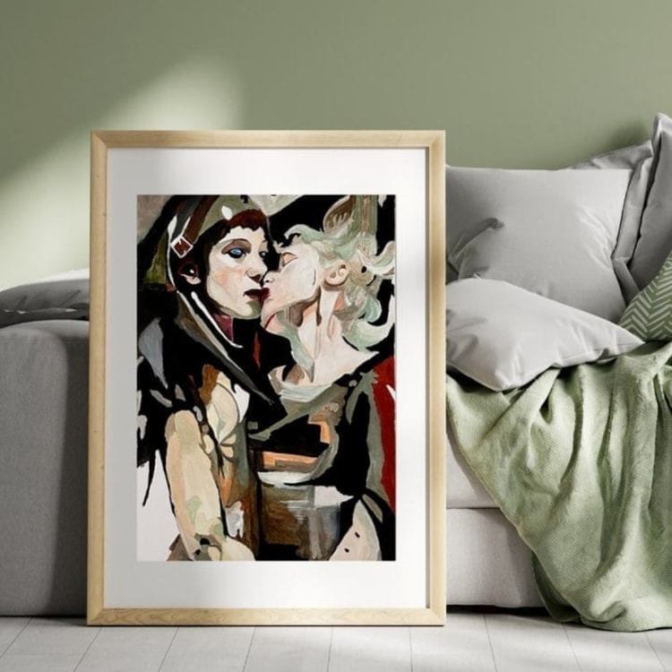 A painting of a woman kissing a man on the cheek