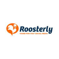 Roosterly logo, a stylized rooster head in a speech bubble