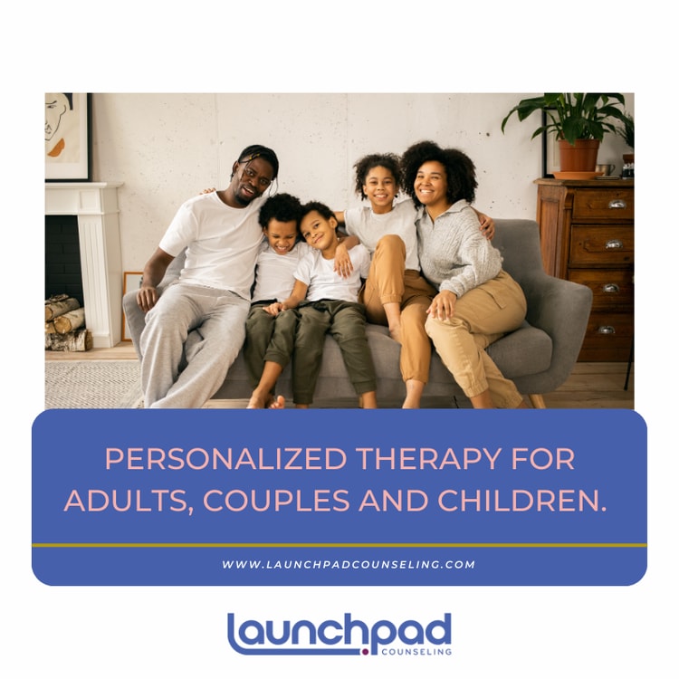 A family sitting on a couch with the words personalized therapy for adults, couples