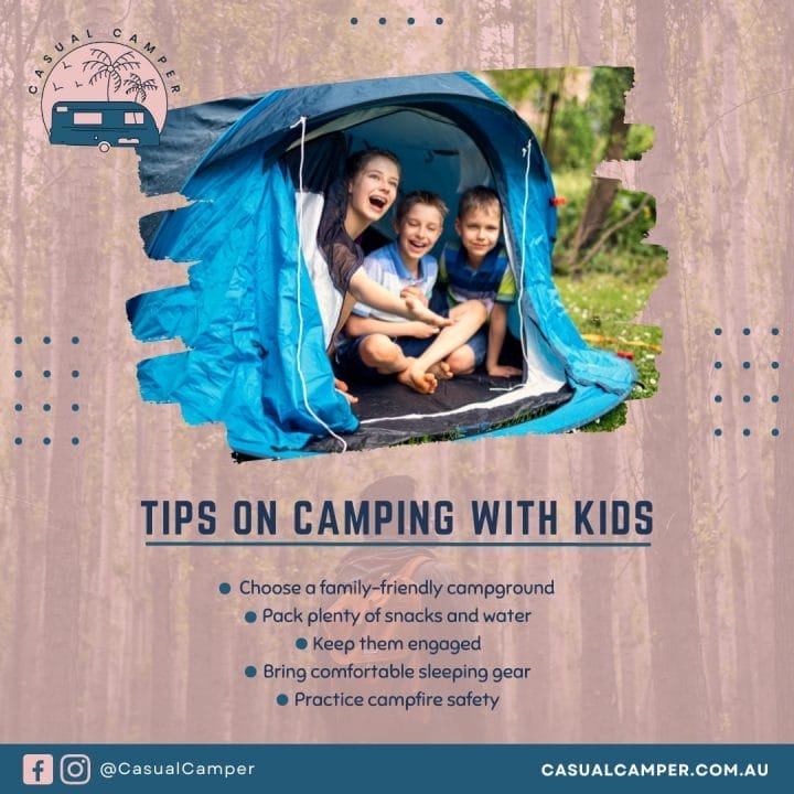 A picture of two children in a tent with the words tips on camping with kids