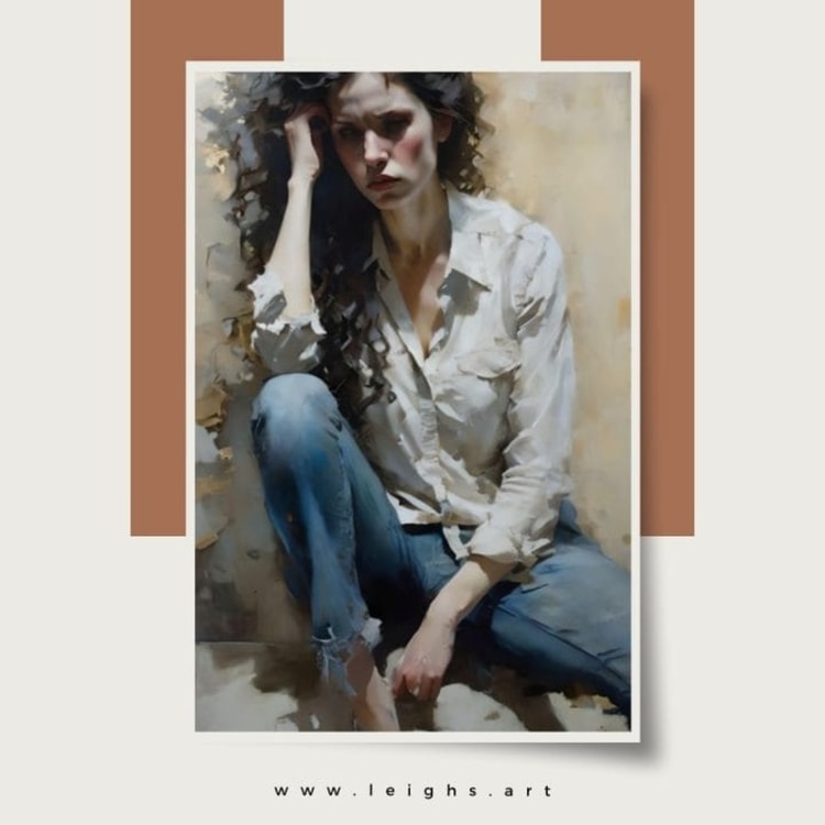 A painting of a woman sitting on the ground