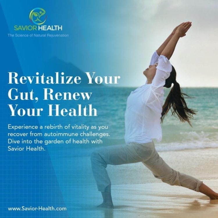A woman doing yoga on the beach with the words revitalize your gut,