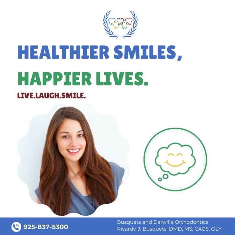 A woman smiling with a thought bubble above her head