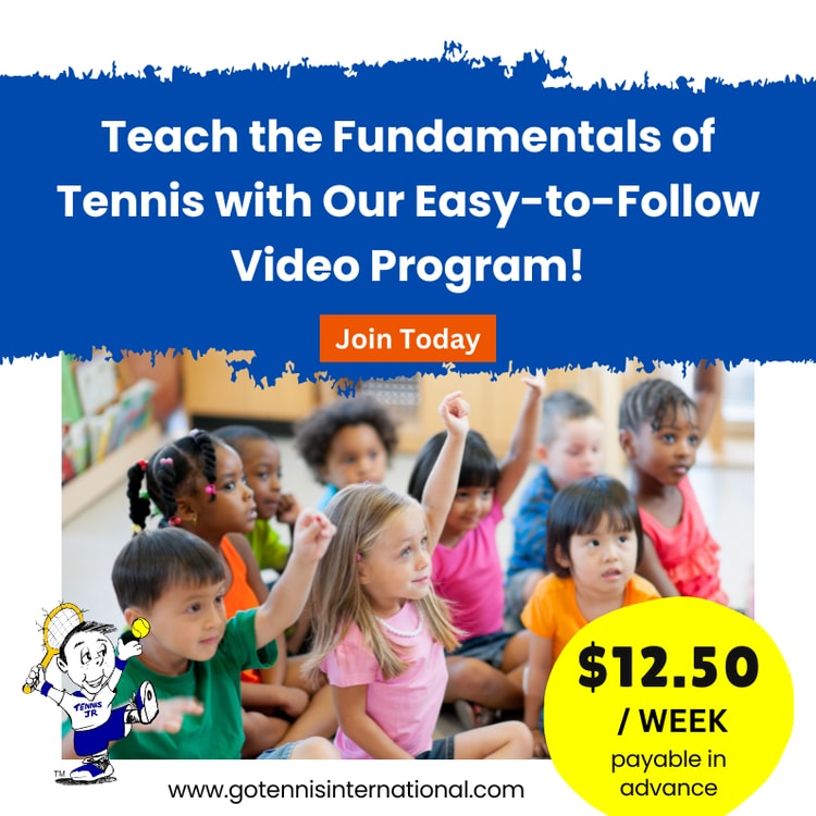 A group of children sitting on the floor with text teach the fundamentals of tennis