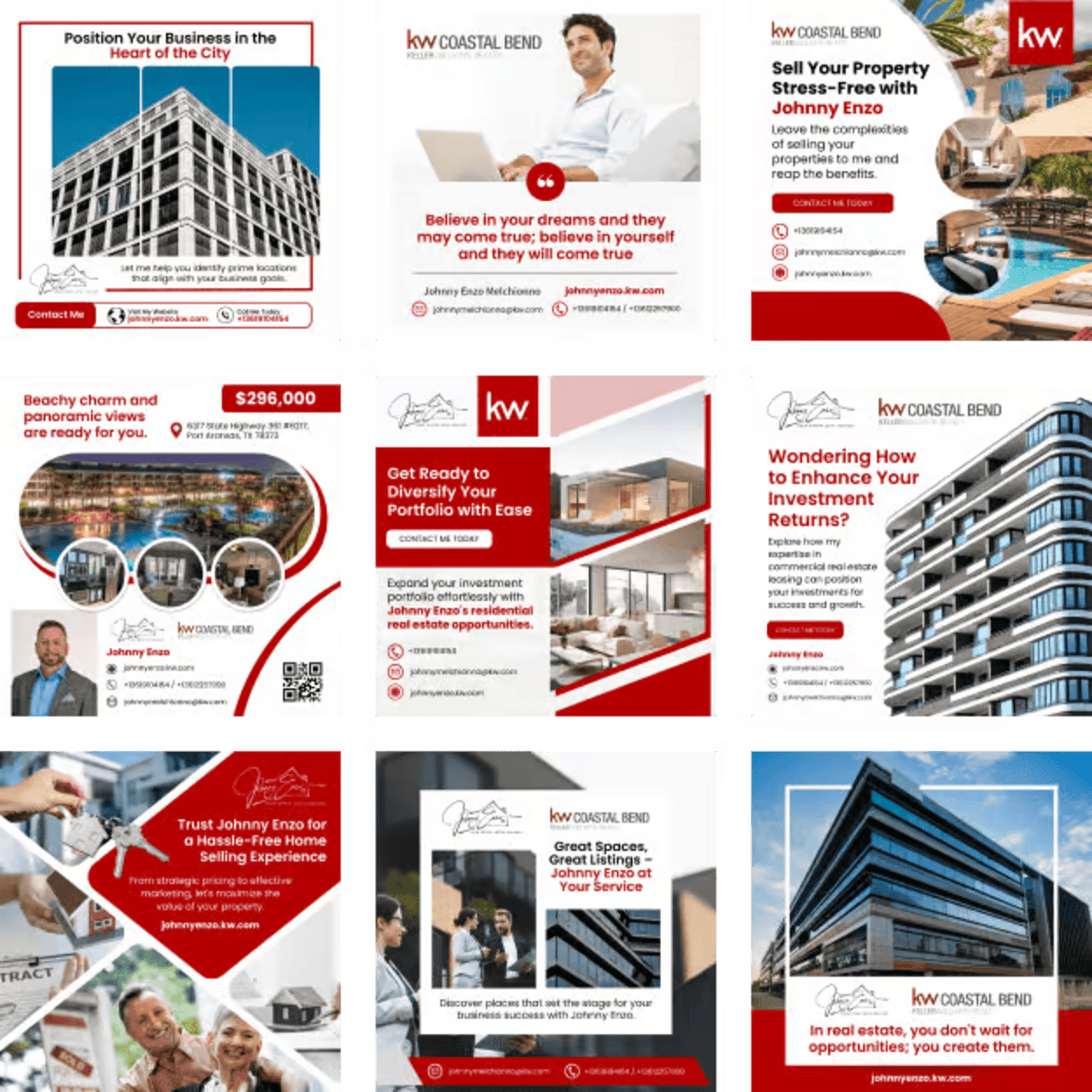 A real estate instagram feed collage of 9 posts i a 3x3 layout