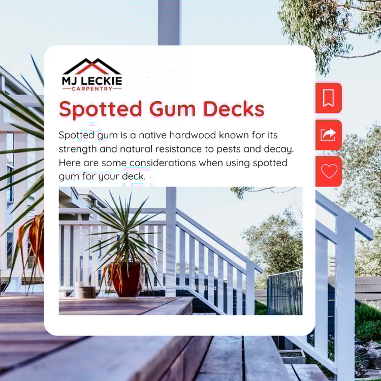 A sign that says spotted gum decks with a picture of a house in the background
