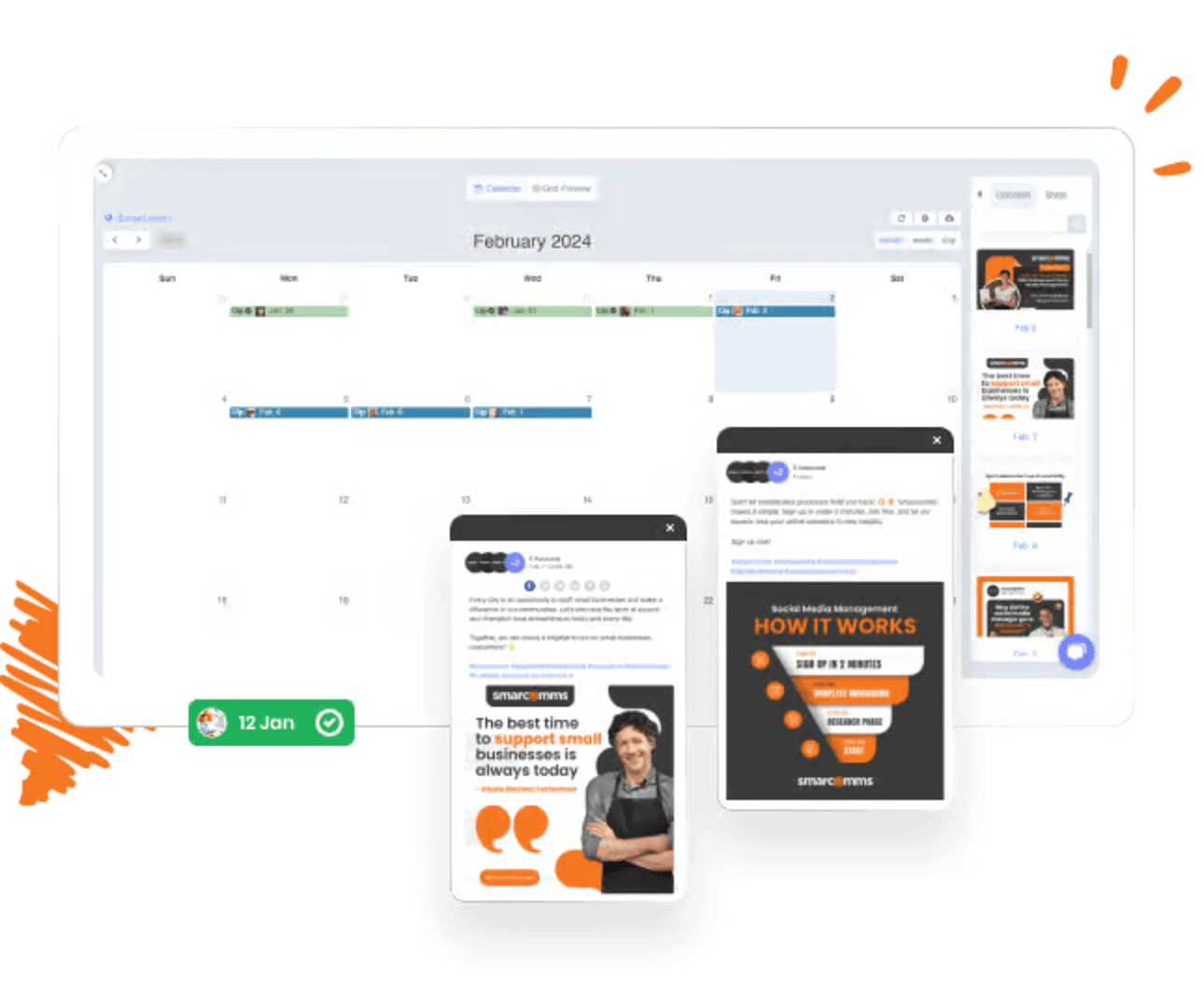 A digital calendar visible on a laptop, smartphone, and tablet, illustrating synchronized scheduling on various platforms.