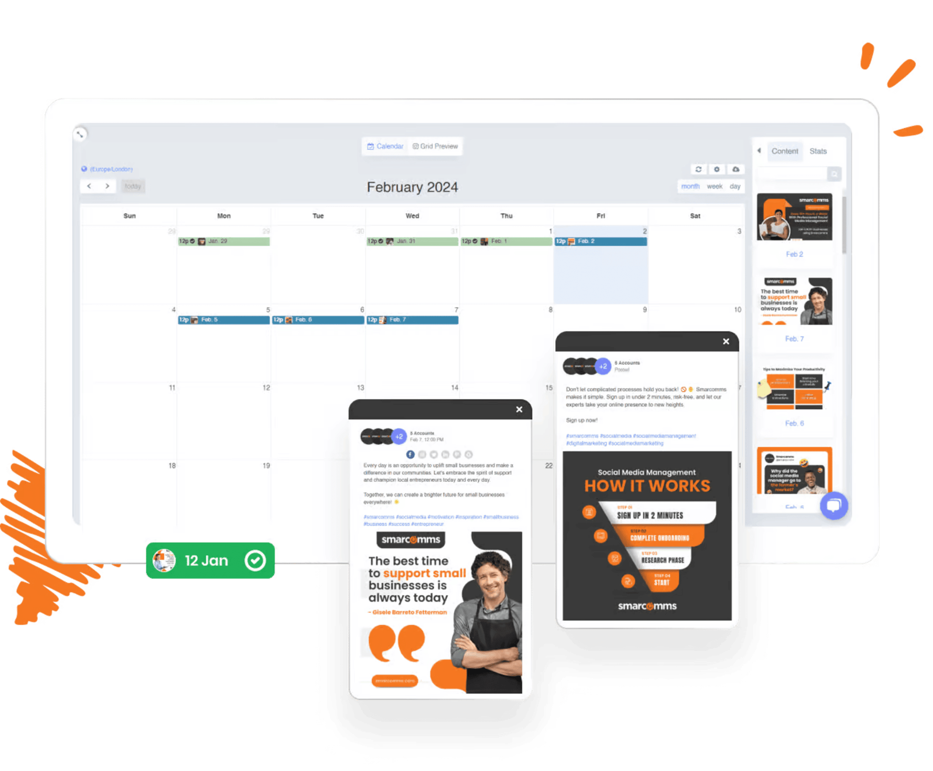 A digital calendar visible on a laptop, smartphone, and tablet, illustrating synchronized scheduling on various platforms.