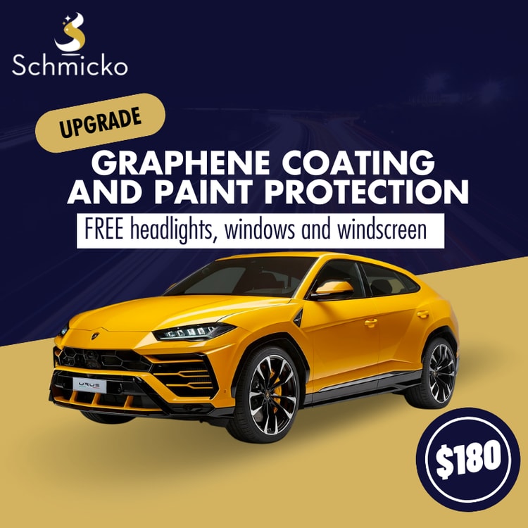 A yellow lamb car with the text upgrade graphine coating and paint protection