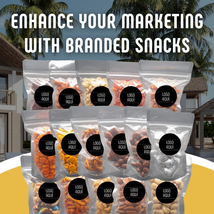 A bunch of snacks in a bag with the words enhance your marketing with branded snacks
