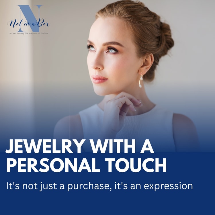 A woman wearing a white dress with the words jewelry with a personal touch it '