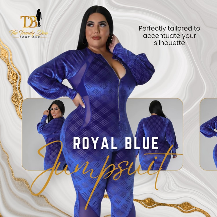 A woman in a blue jumpsuit posing for a picture