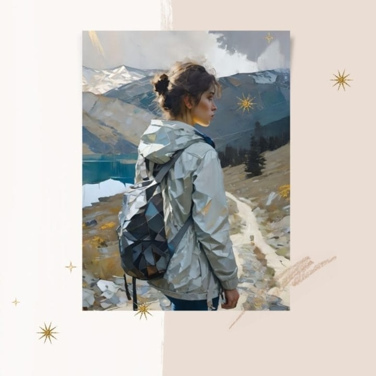A painting of a woman with a backpack