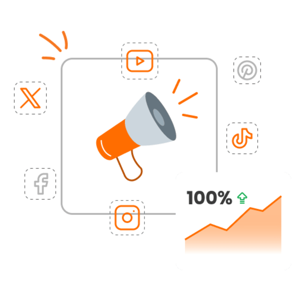 A visual guide with a big horn speaker illustrating effective social media strategies for business growth and engagement.
