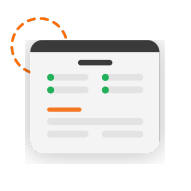 An illustration of a stylized interface resembling a checklist or document, with green dots, lines of text, and an orange highlight. The top has a dark bar, and a dashed orange circle is partially visible in the background.