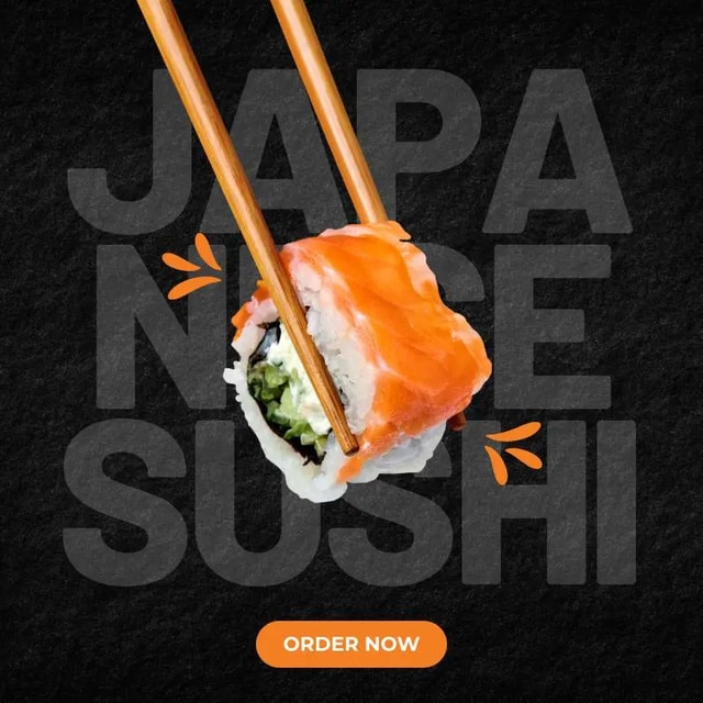 A sushi advertisement with chopsticks sticking out of it