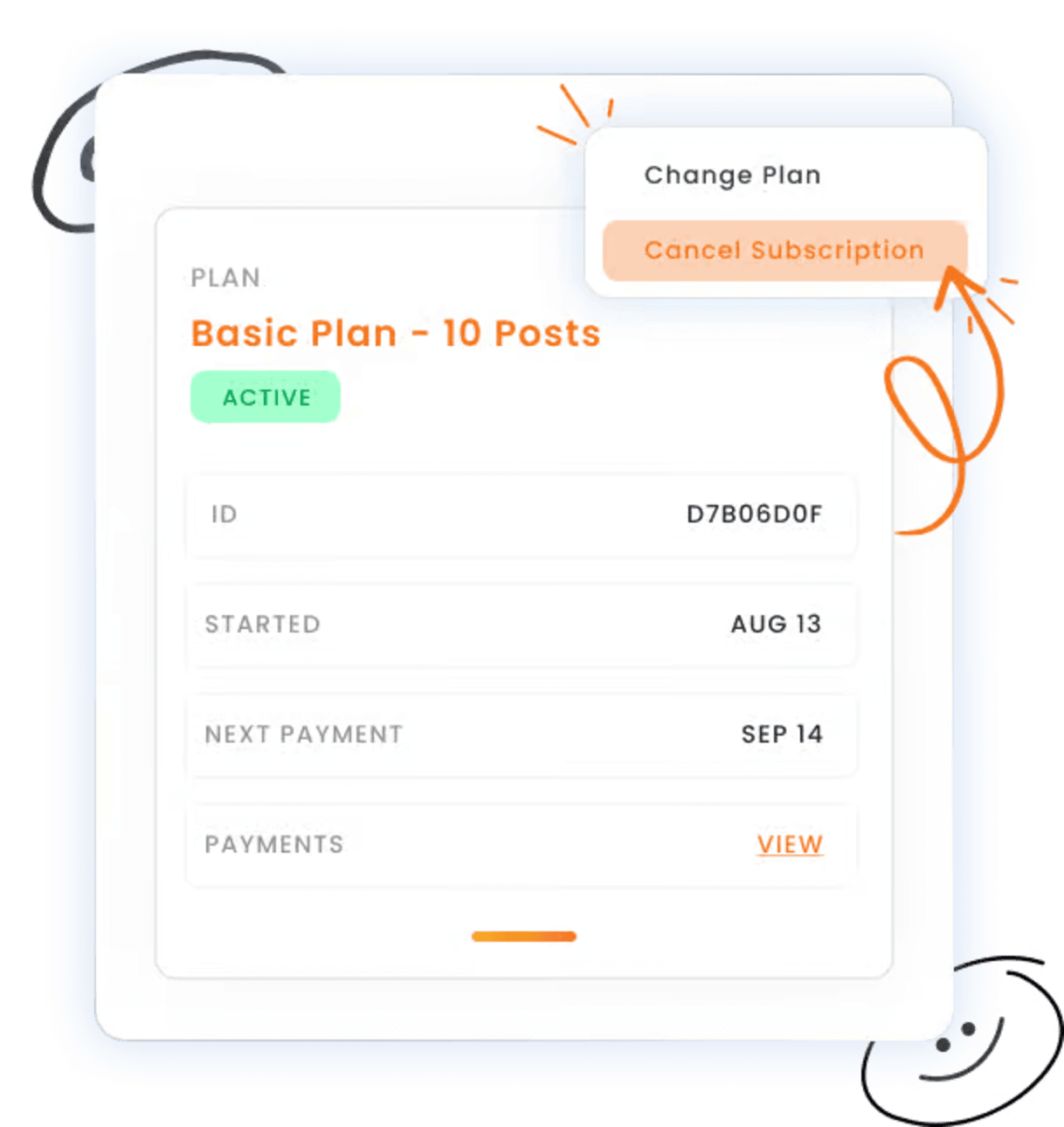A checkout plan with the option to change plan or cancel subscription