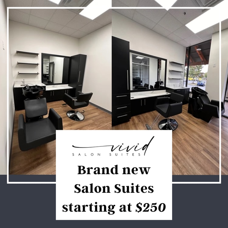 A salon with salon chairs and a sign that says brand new salon suites starting at