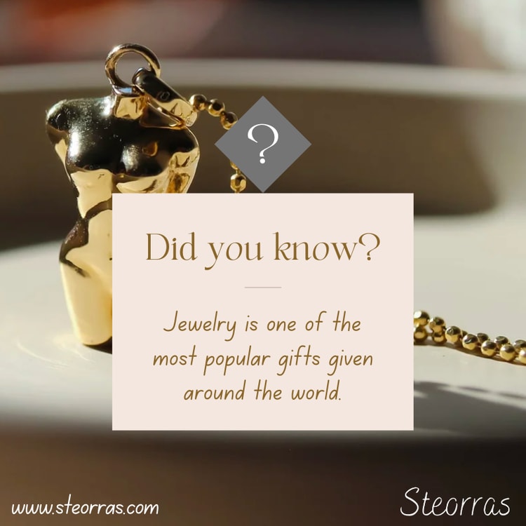 A gold necklace with a question card attached to it