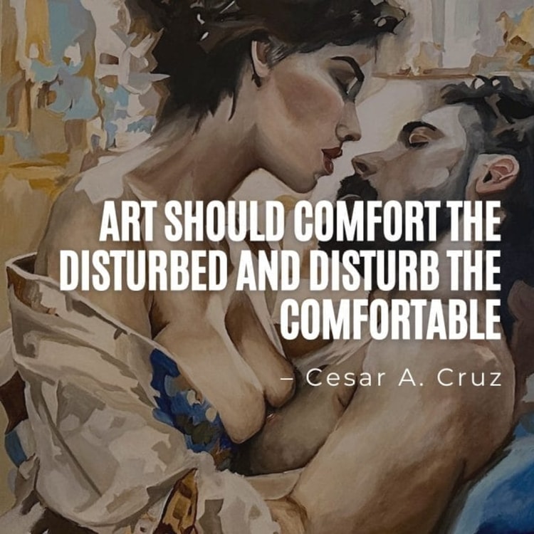 A painting of a man holding a woman