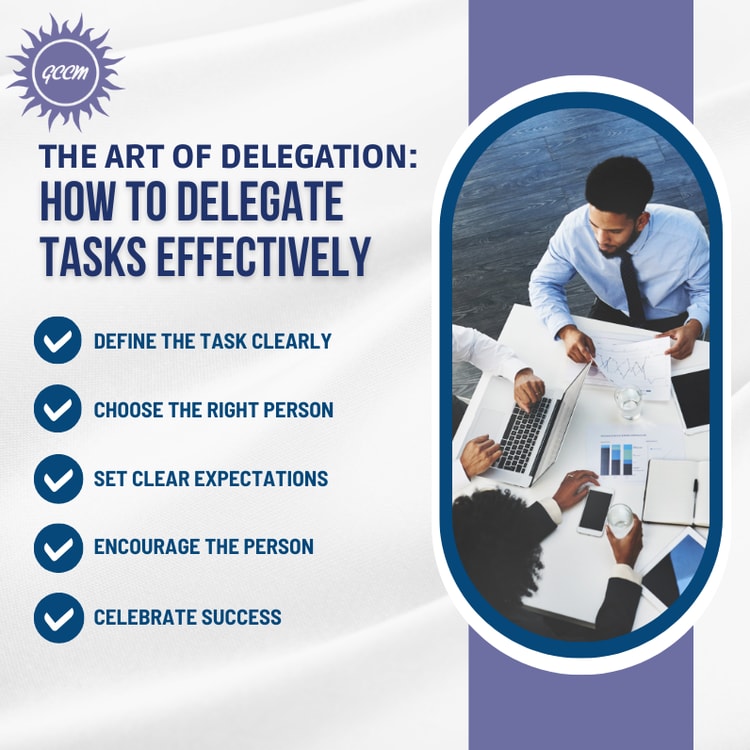 A business meeting with the text the art of delegation how to delega