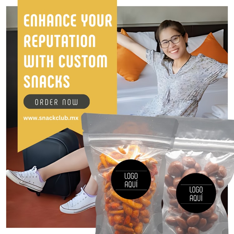A woman sitting on a bed next to two bags of snacks