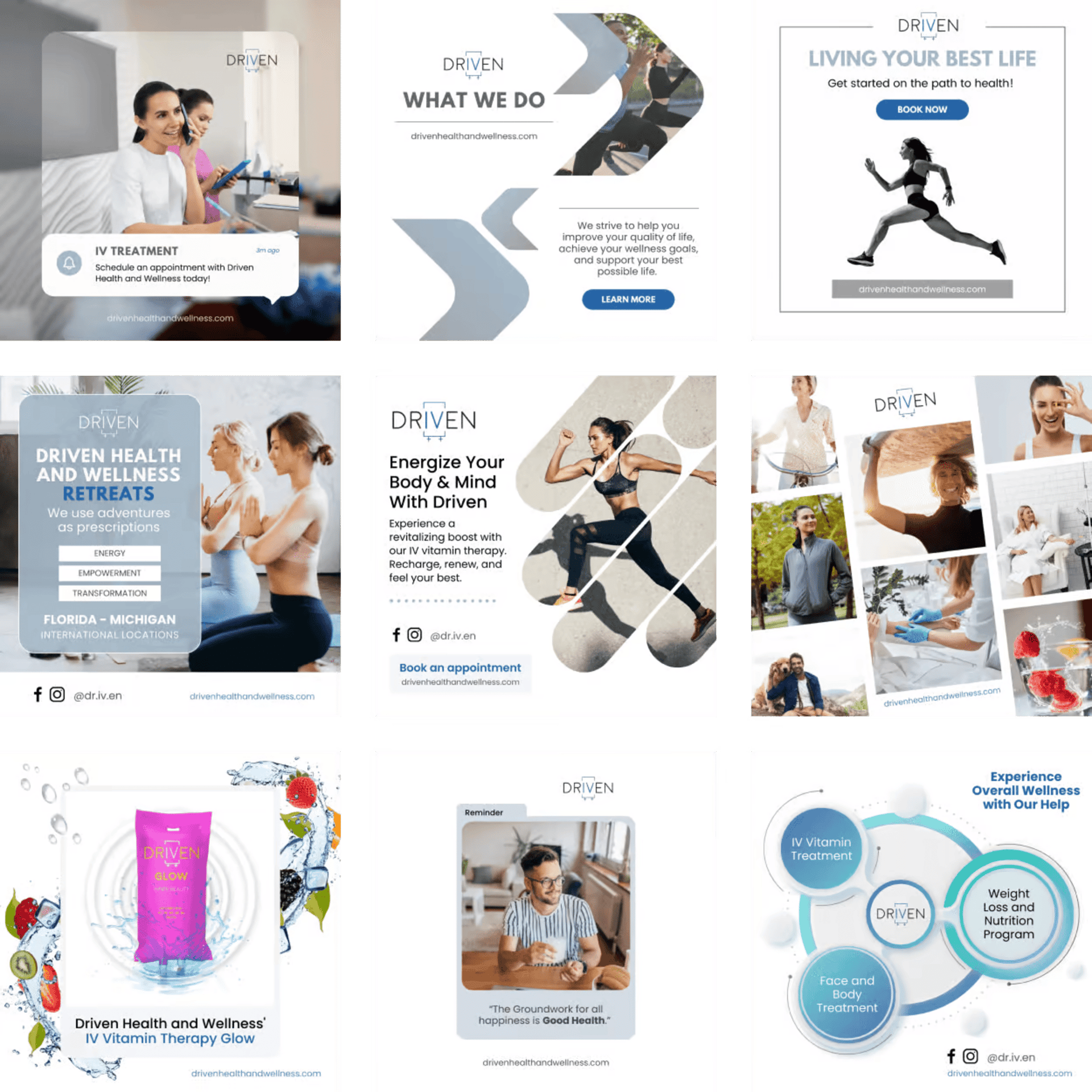 A beauty and wellness instagram feed collage of 9 posts i a 3x3 layout