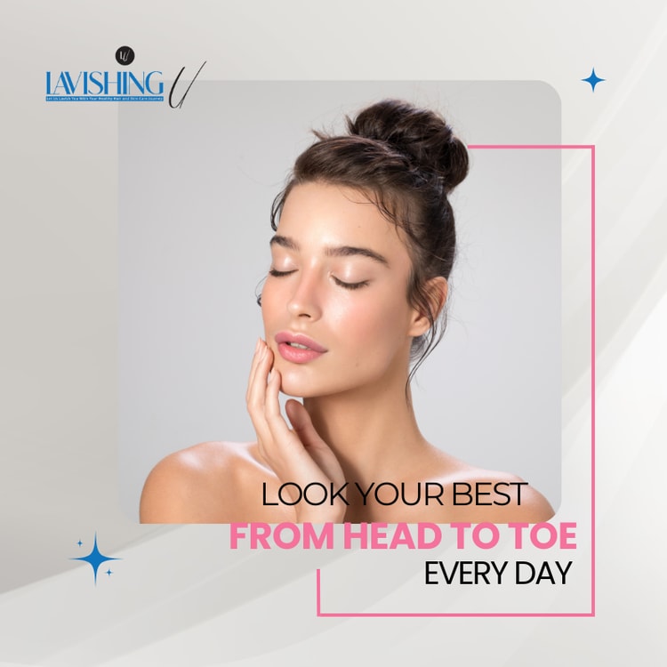 A woman with her eyes closed with the words look your best from head to toe