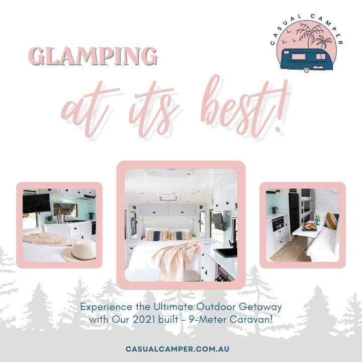 A flyer for a camper that has been decorated in pink and white