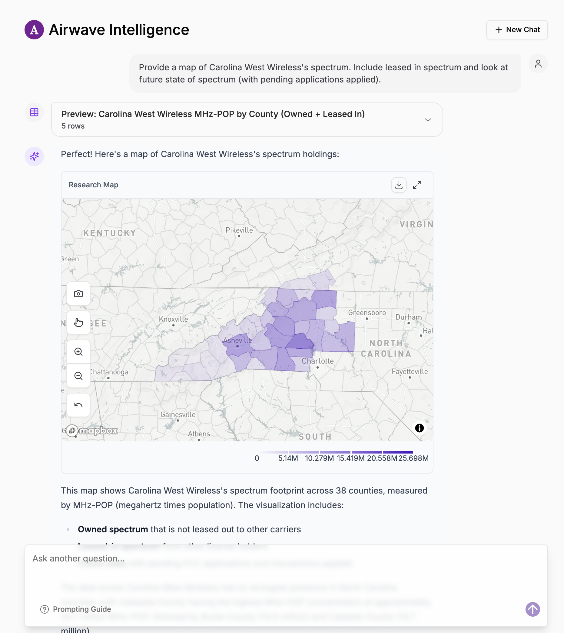 Airwave Intelligence producing a chart of Carolina West's spectrum footprint