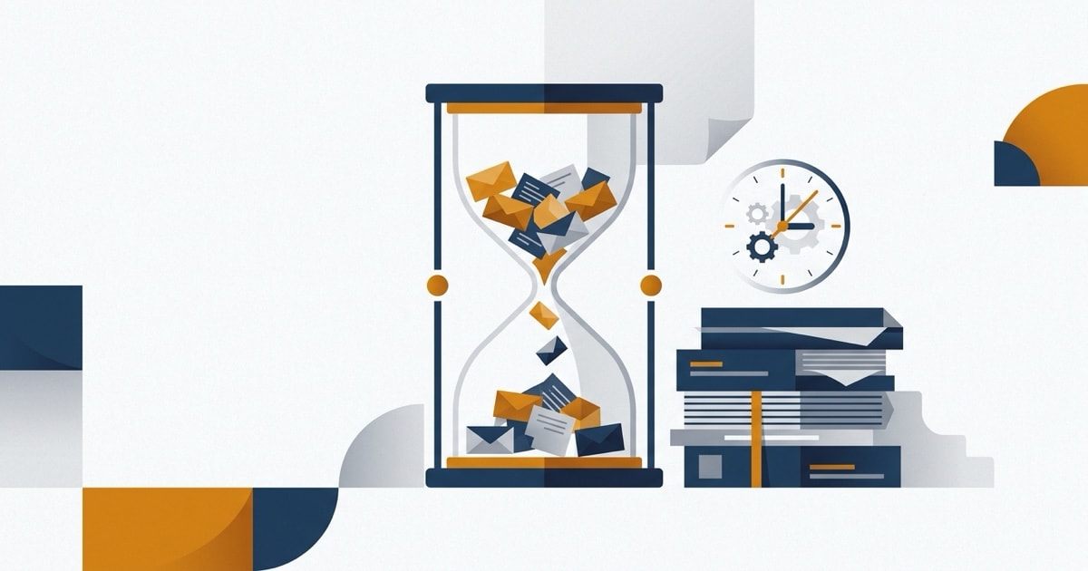 Illustration of an hourglass filled with envelopes and forms beside a stack of paperwork and a clock, showing billable hours lost to admin work