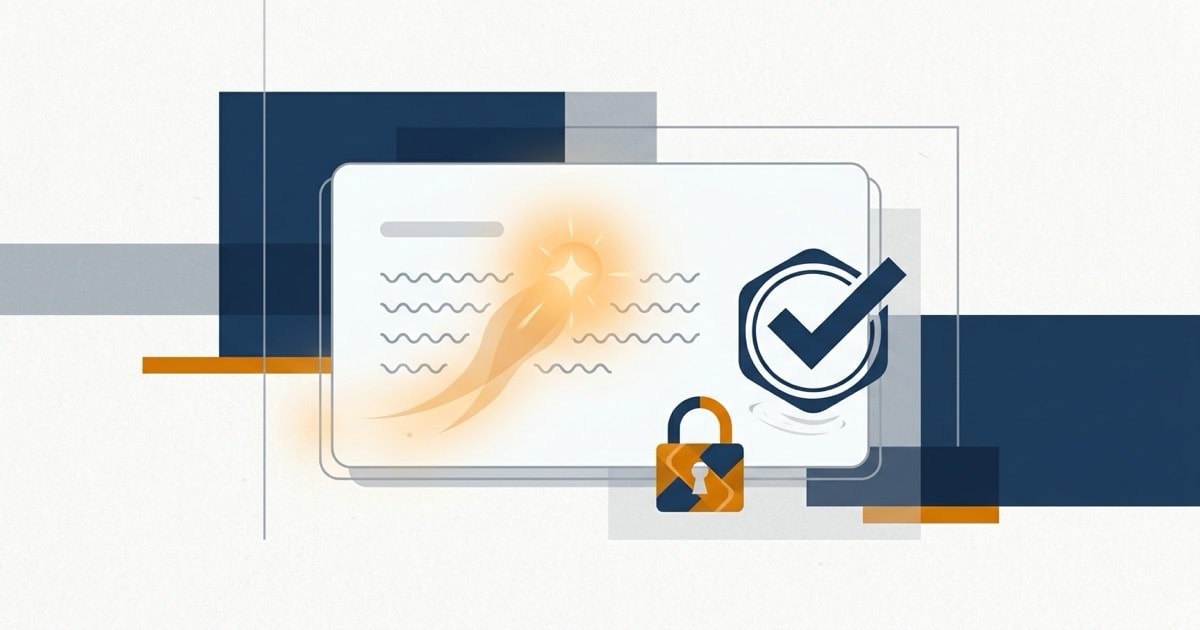 Illustration of an AI-drafted email card with a review checkmark and a padlock, showing attorney review of AI email drafts