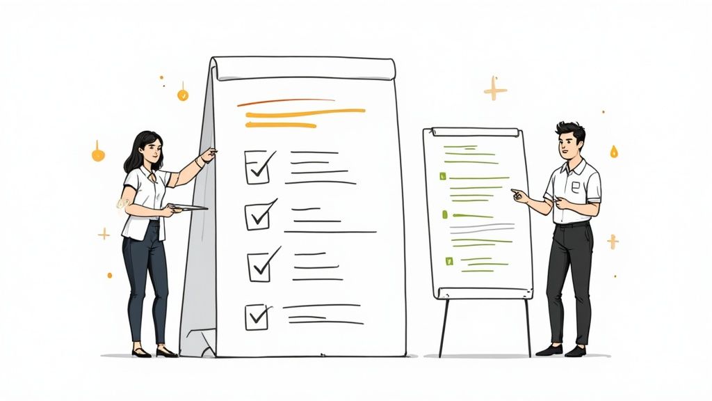 A team collaborating around a computer, illustrating the implementation of new technology like an AI documentation generator.