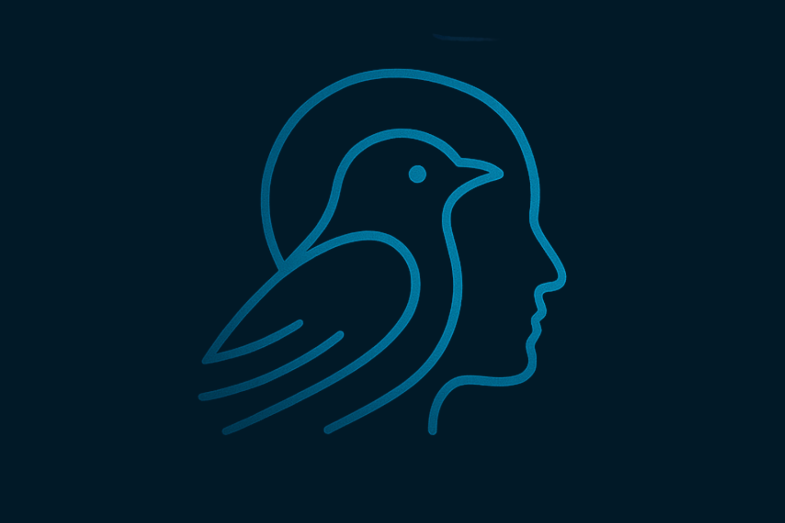 A blue line drawing of a person's head with a bird on it