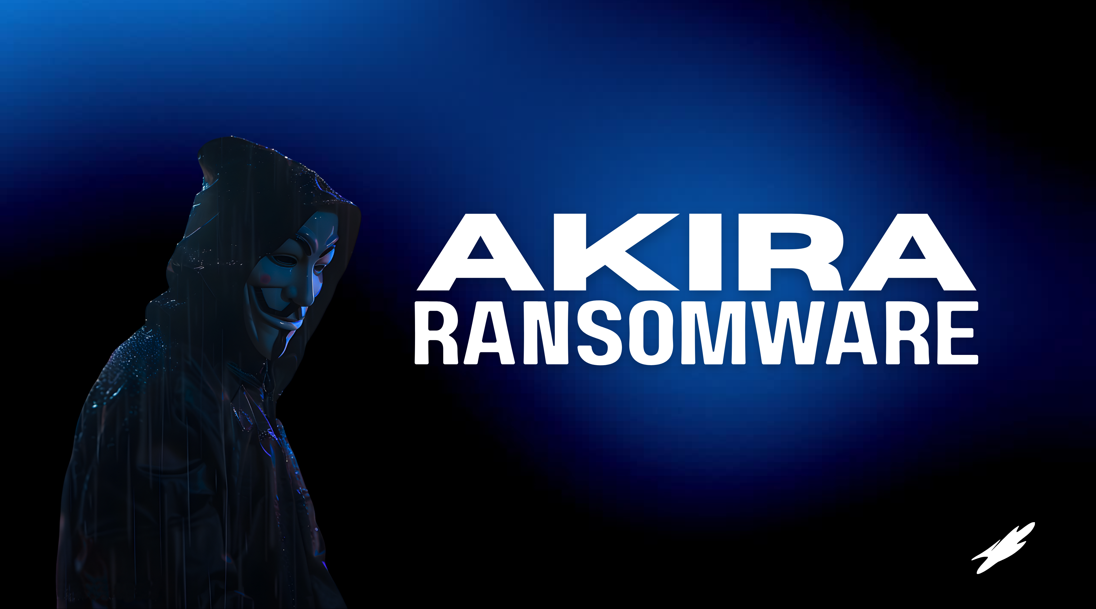 A man in a black mask and a blue background with the words akira ransomware.