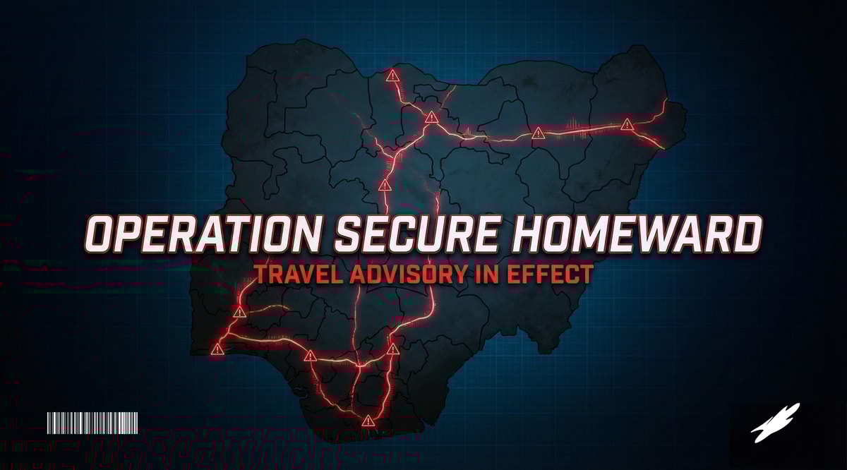 A stylized map of Nigeria with a dark overlay. A glowing red line could trace major travel routes, with warning icons.